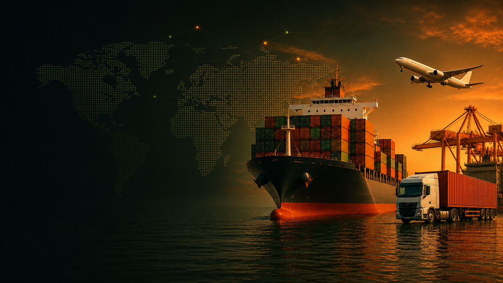 Cargo ship, airplane, truck, port cranes, and a world map representing global trade